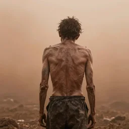 starving man facing away, skin and bones, in a hazy orange mist, trending on artstation, incredibly detailed, realistic, personal