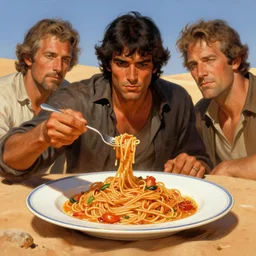 shigenori soejima, jamie hewlett, frank frazetta, a chicken eating pasta off a ceramic plate in the middle of the desert, digital painting masterpiece, advanced lighting technology