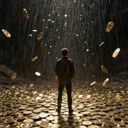 man stands under coin rain, artstation