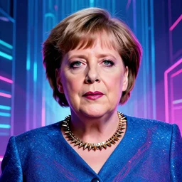 portrait of glamor queen | angela merkel! | spiked! collar | lighting storm background | highly detailed | very intricate | professional model | cinematic lighting | painted by donato giancola and mandy jurgens and charlie bowater | bold colors, artdeco, art deco synthwave blue purple pink aesthestic, 8 0's nostalgia | artstation