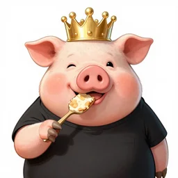 comic art of a obese pig in a black tshirt wearing a crown eating snacks, drawn by Bruce MacKinnon, vivid color, cgsociety 4K