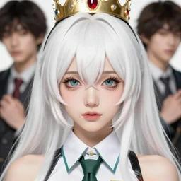 hatsune miku with white hair and crown, art by michael garmash and ilya kuvshinov and magali villeneuve, anime, cute, pretty face, beautiful bone structure, digital painting, realistic shaded perfect face, artstation, concept art, sharp focus, illustration, ultra detailed, 4 k,