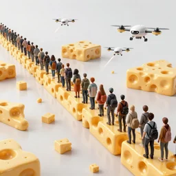 refugees from a dystopian future escape over a never ending barricade of mac n' cheese. Drones shoot at them from the sky. Photograph from big budget science fiction 1980s movie.