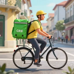 a bicycle food delivery worker with a green bag on his back in Portugal, magical atmosphere, magical atmosphere, trending on artstation, 30mm, by Noah Bradley trending on ArtStation, deviantart, high detail, stylized portrait