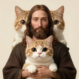 jesus holding a cute cat, big eyes, symetrical faces, emotional, cute, powerful, by leonardo da vinci