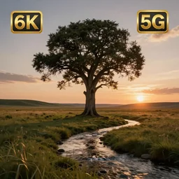 stream and big tree on grassland, sunset, very wide view, atmospheric, hyper realistic, photography, 8k, epic composition, award winning, cinematic, unreal engine, artstation