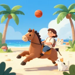 riding a horselounging in a tropical resort in spaceplaying basketball with cats in space