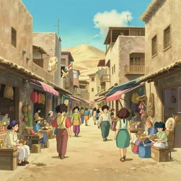 Market with merchants spread across an alley, desert city, vertical architecture, full of life, vivid, lively, sunny, Studio Ghibli