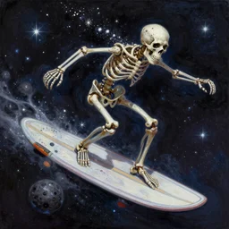 dungeons and dragons art, painted painting, meat coated skeleton covered in stardust and sparks and glitter, riding an asteroid surfboard in space