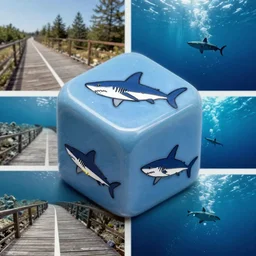 a 2 0 - sided die with shark graphics, photograph, cam trail footage, underwater photograph