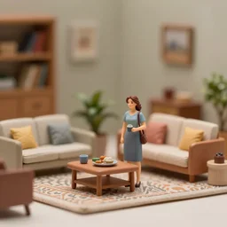 a diorama of a woman in the living room, middle shot, bokeh, resin 8 0 mm detailed miniature figure photo, 4 k