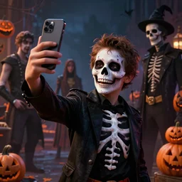 epic masterpiece of cinematographic hyperrealism where a boy appears dressed as a skull for halloween taking a happy selfie. realistic shaded lighting poster by craig mallismo, artgerm, jeremy lipkin and michael garmash, unreal engine, radiant light, detailed and intricate environment, digital art, art station trends