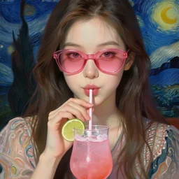 close up portrait of a beautiful girl, drinking a cocktail woa straw, shades of pink, beautiful face, rule of thirds, intricate outfit, spotlight, by greg rutkowski, by jeremy mann, by francoise nielly, by van gogh, digital painting