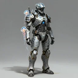 a futuristic soldier with jellyfish and sharkskin armor plating in staggered layers, full body, translucent hexagons, sci - fi, highly detailed, digital painting, trending on artstation, concept art, sharp focus, illustration, art by artgerm and greg rutkowski and daytoner and tom bagshaw