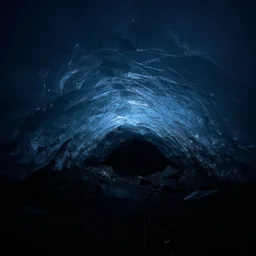deep dark glacier cave, faint blue glow,