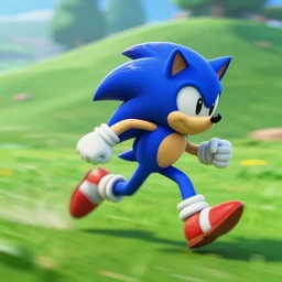 sonic is running on a green hill, motion blur, cinematic, 9k high quality