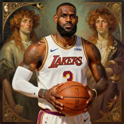 male cottagecore nba LeBron Raymone James Sr holding a basketball, intricate, swagger, highly detailed, digital painting, artstation, concept art, smooth, sharp, focus, illustration, art by artgerm and greg rutkowski and alphonse mucha
