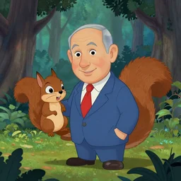 Benjamin Netanyahu as a squirl in the forest, Disney style