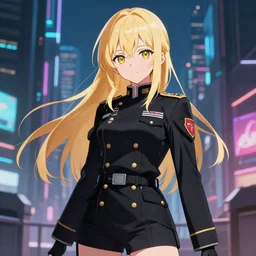 very very beautiful anime girl, blonde, in black military uniform, cyberpunk city background, 4 k, by studio shaft