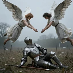 A dying knight on the battlefield, the angels reaching down