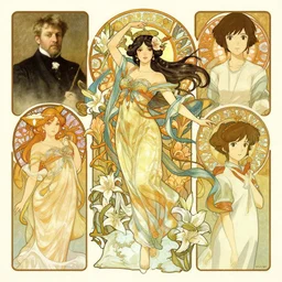 deco art by illustrator at riot games, kathi langley, john singer sargent, yoshitaka amano, alfons mucha and makoto shinkai. chinese fairy goddess, character concept, full body, hyper detailed, dynamic pose, intricate, lily flowers. 8 k