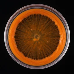 symmetry!! centered section petri dish photo of an eldritch squishy orange circle, strings of mucus in the interior, microscopic photo, orange color, dark black background, fluids, award winning photo