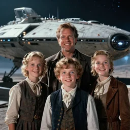 extremely sharply detailed, scan from blockbuster 9 k sci fi color movie freeze frame, set 1 8 6 0, family standing in front of crashed spaceship, on alien planet, looking happy, wearing 1 8 5 0 s era clothes, atmospheric lighting, in focus, reflective eyes, 9 9 9 9 9 mm macro lens, live action, nice composition and photography, clear facial details