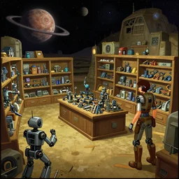 inside a store that sells robot parts, in a remote outpost, on a remote planet, from a sierra point and click 2 d graphic adventure game, set design inspired slightly by tomb raider, art inspired by [ thomas kinkade ] and mark keathley