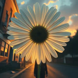 closeup giant white daisy flower head, frontal, girl in a suit, standing in street, surreal photography, sunrise, dramatic light, impressionist painting, digital painting, artstation, simon stalenhag