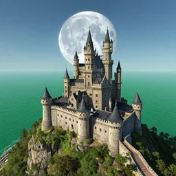a castle in the sky overlooking an emerald ocean with a huge moon floating in the air, digital art by erik johansson, 8 k resolution, hyper detailed, sharp focus