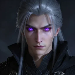 portrait of a young man with glowing purple eyes, dressed in a black cloak, silver hair, detailed face, fantasy, highly detailed, cinematic lighting, digital art painting by greg rutkowski