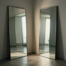 two mirrors stand parallel to each other refracting each other recursively in a room with mirror walls, natural lighting, cinematic lighting, 4 k, global illumination