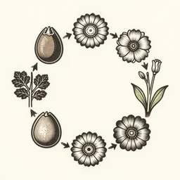 japanese woodcut of an unfolding plant cycle, the cirkle from seed to bloom to decay