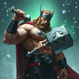 bodybuilder thor holding mjolnir, snowy background, digital painting, green light, detailed, highly detailed, smooth, sharp focus, illustration by ruan jia and mandy jurgens and william - adolphe bouguereau, artgerm