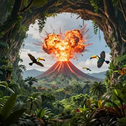 lush prehistoric jungle cave, exploding volcano, flying tucans, professional, master level composition, volumetric lighting, haze, sunset, photorealistic