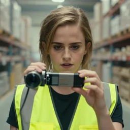 photo, close up, emma watson in a hi vis vest, in warehouse, android cameraphone, humidity haze, 2 6 mm,
