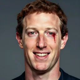 a full portrait of mark zuckerberg, his eyes are bloodshot, his skin is pale, blood flows from his eyes over his cheeks, he grins evil, illustration but as f / 2 2, 3 5 mm, 2 7 0 0 k, lighting, perfect faces, award winning photography.