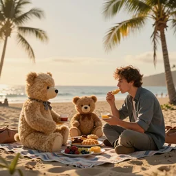 a pair of teddy bears having breakfast at the beach, picknick, golden hour, palm trees, digital art, cinematic, detailed, ilya kuvshinov, magali villeneuve, artgerm, jeremy lipkin and michael garmash and rob rey