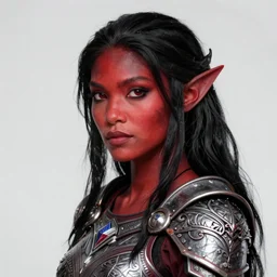 portraif of a beautiful female red skin tiefling from dungeons and dragons wearing armour, black long hair, intricate details