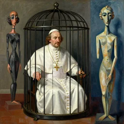 Portrait of Pope Innocent X in a cage by Velasquez painting by Pablo Picasso and Chaïm Soutine and Alberto Giacometti, vhs glitch, painting by Pablo Picasso