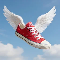 a red all star shoes flying on the sky with angel wings!!!