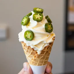 dslr food photograph of ice cream cone with sliced jalapeno topping, 8 5 mm f 1. 8