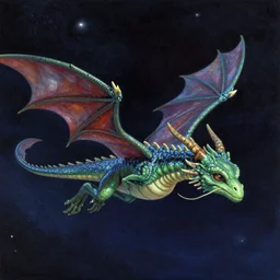 an alien dragon flying in outer space, Dan Seagrave art