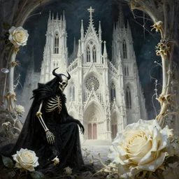 a beautiful and terrifying painting with high details of a panoramic view of a gothic church made of white bones, with the white rose and a black - robed skeleton demon in the foreground, poster style, movie atmosphere, movie lights, 8 k, light effect, rtx on, trending on artstation, by kilian eng, lee madgwick, tyler edlin, mucha