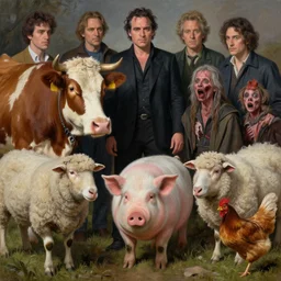 a hyper detailed painting of joaquin phoenix surrounded by animals, cow, pig, sheep, chicken, horror, by anna podedworna, by miklos ligeti, by diego maricato, by taran fiddler, by antonino truisi, by chris reddie, by jinsung lim, trending on artstation