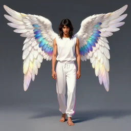 distant full body shot, avan jogia as an angel in sweatpants, rainbow - feathers, style digital painting, concept art, smooth, sharp focus, illustration by artgerm, yoshitaka amano, krenz cushart, shinji aramaki