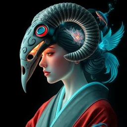 3 d goddess close - up profile portrait with ram skull. beautiful intricately detailed japanese crow kitsune mask and clasical japanese kimono. betta fish, jellyfish phoenix, bio luminescent, plasma, ice, water, wind, creature, artwork by tooth wu and wlop and beeple and greg rutkowski