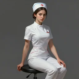 portrait of a nurse on a stool, expressive pose, futuristic, highly detailed, digital painting, artstation, concept art, smooth, sharp focus, by gil elvgren