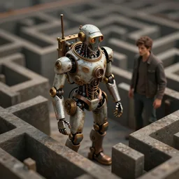 steampunk robot in a maze by greg rutkowski and andreas rocha, tilt shift, ultra realistic, unreal engine, trending on artstation, 4 k