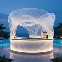 a bar made with translucid fabric, swimming pool in front, parametric, blue hour, hyperrealistic, intricate, vray, unreal engine, architecture, luxigon